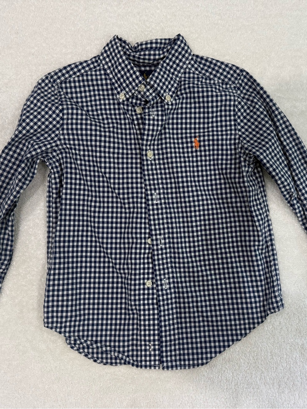 Ralph Lauren Navy & White Gingham Button-Down Shirt with Orange Polo Logo